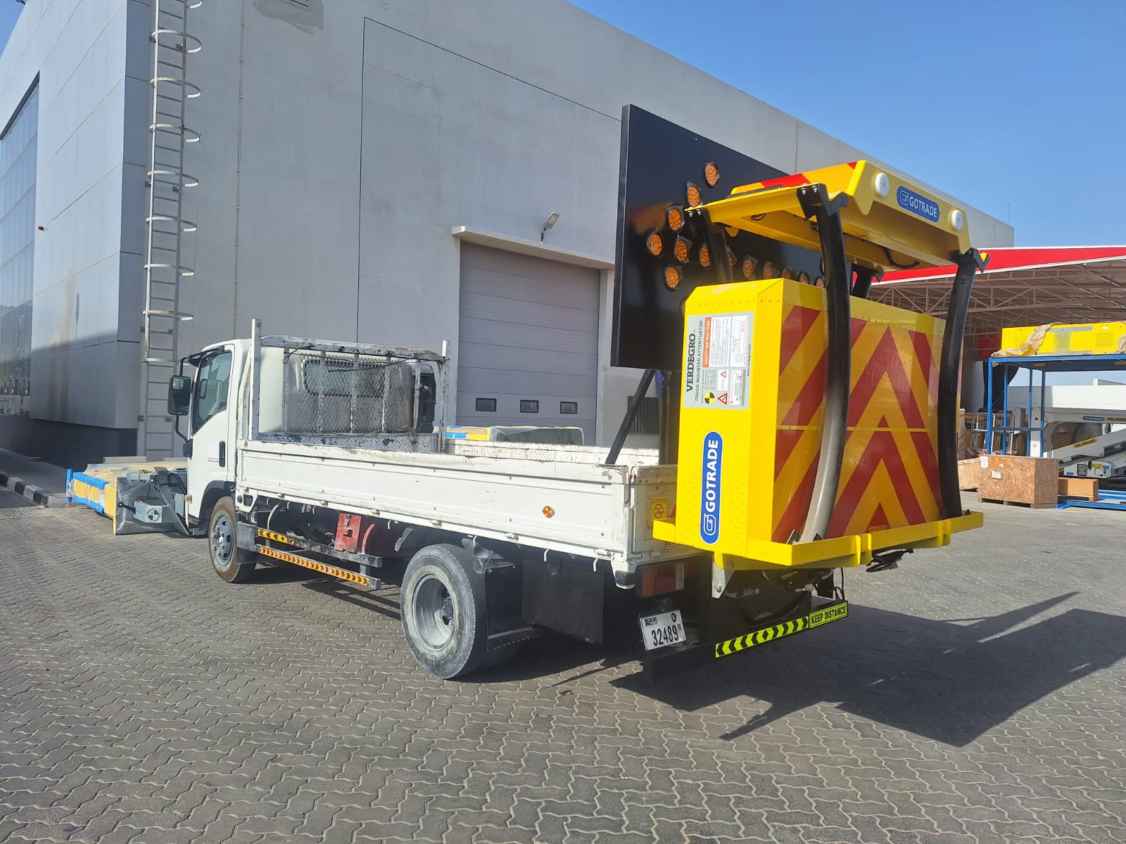 Verdegro truck mounted attenuator crash cushion unit fitted to a rental support vehicle